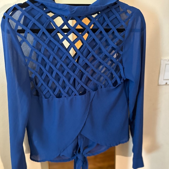 Xtaren Long Sleeve with Tie & Caged Back Blouse - Picture 2 of 2